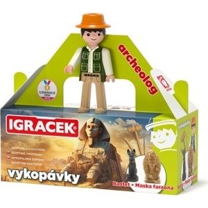 Efko Igráček Archeológ s egyptskými vykopávkami masky faraóna a sošky bohyne Bastet