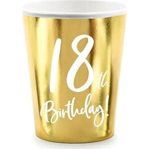 Papierové poháriky 18 rokov – Narodeniny – Happy Birthday – zlaté – 220 ml, 6 ks